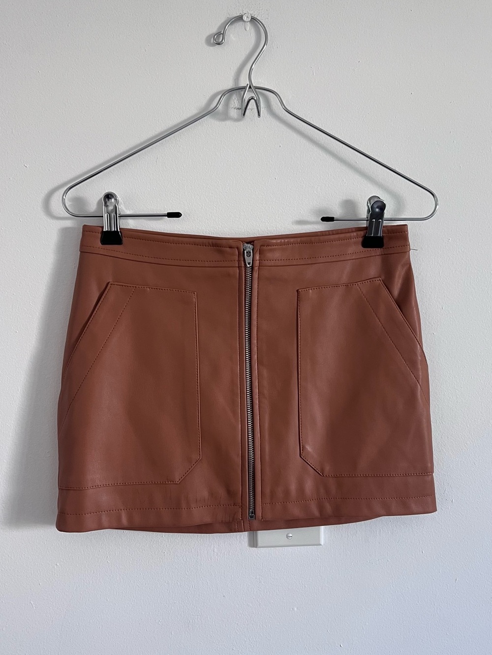 Free People Brown Faux Leather Mini Skirt Y2K Moto Utility Zip Size 0